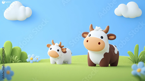 Cute cartoon cows in a field, idyllic background, perfect for children's books or websites