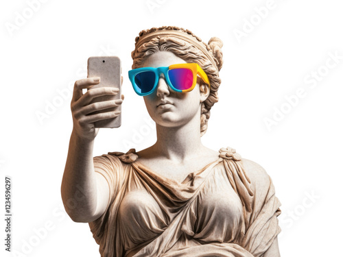 Pop art collage, photo of a greek classicist sculpture of a woman wearing colored glasses and holding a modern mobile phone
