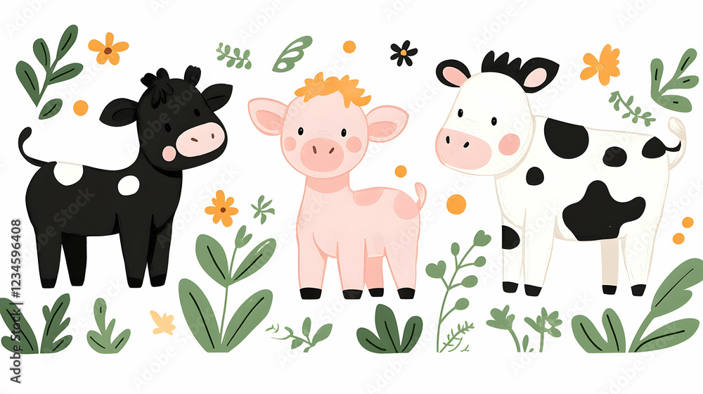 Obraz premium Cute farm animals calf, piglet, cow amidst flowers. Perfect for children's books, cards