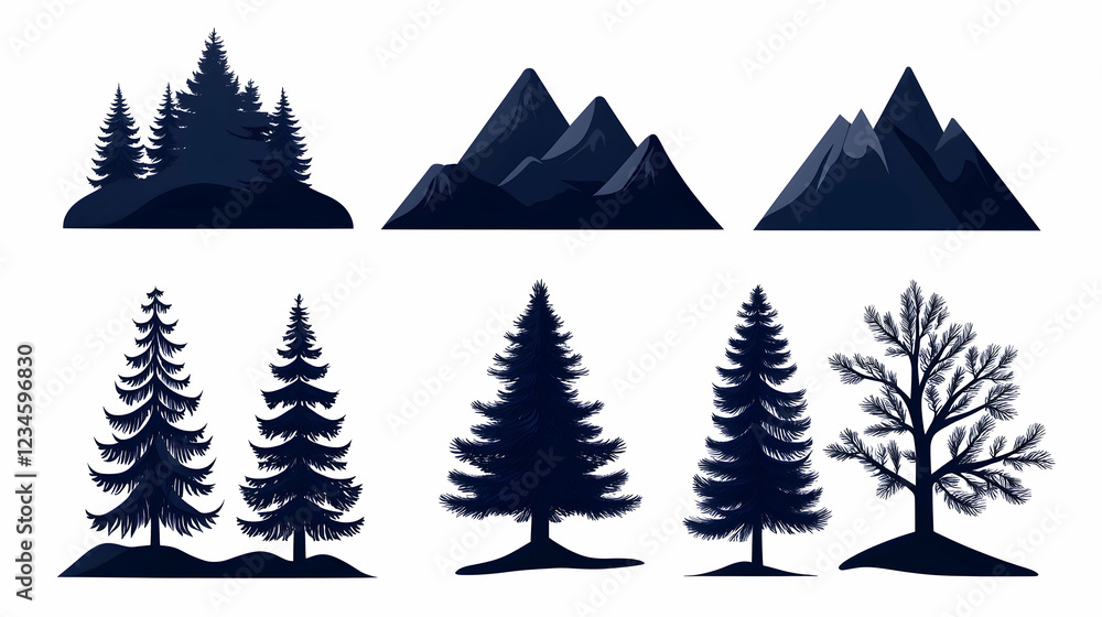 Obraz premium Dark silhouettes of trees and mountains; nature icons for websites or presentations