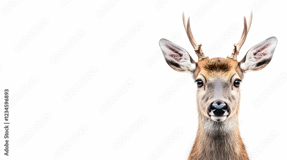Fototapeta premium Deer portrait, white background, wildlife, nature, animal photography, website banner