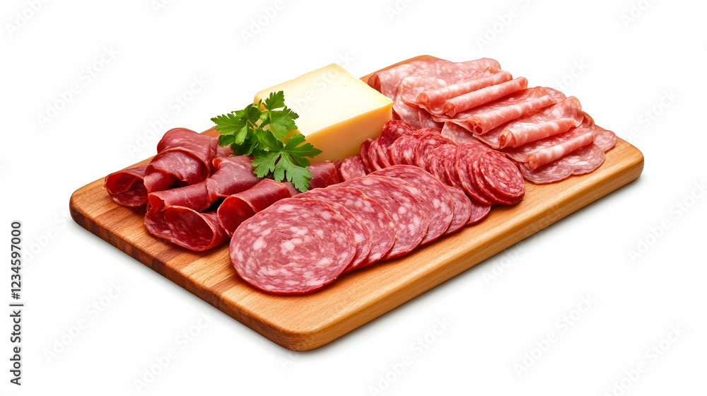 Delicious charcuterie board with salami, cheese, and parsley; isolated on white background, perfect for food blogs or restaurant menus Delicious charcuterie board with salami, cheese, and parsley; isolated on white background, perfect for food blogs or restaurant menus