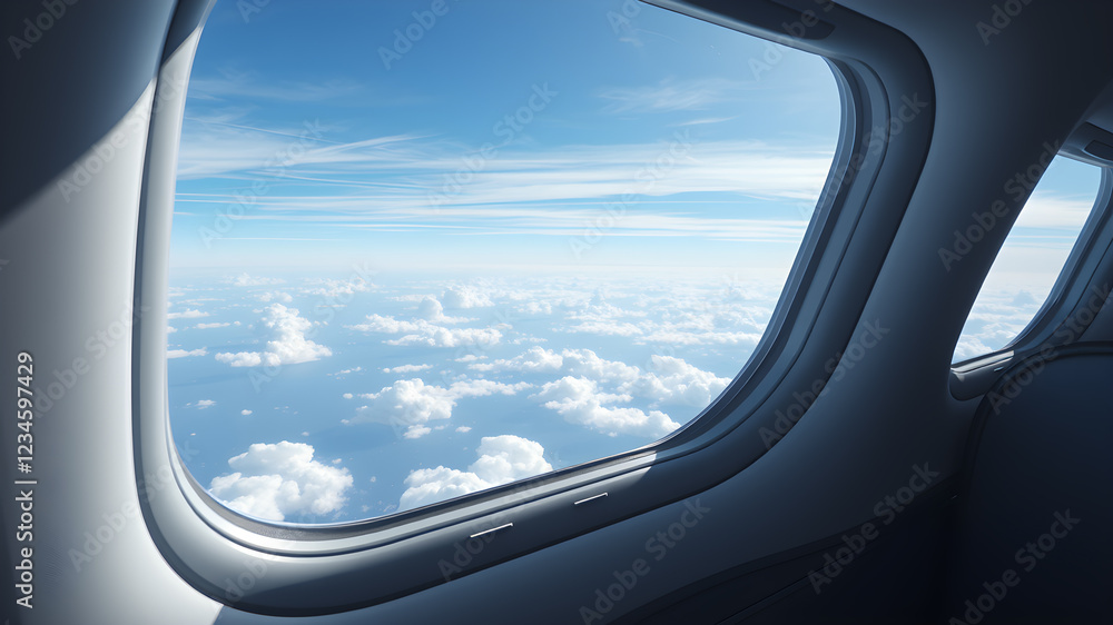 Realistic 3D Airplane Window with Blue Sky and Clouds: Detailed Aircraft Cabin View. Generative AI Realistic 3D Airplane Window with Blue Sky and Clouds: Detailed Aircraft Cabin View. Generative AI