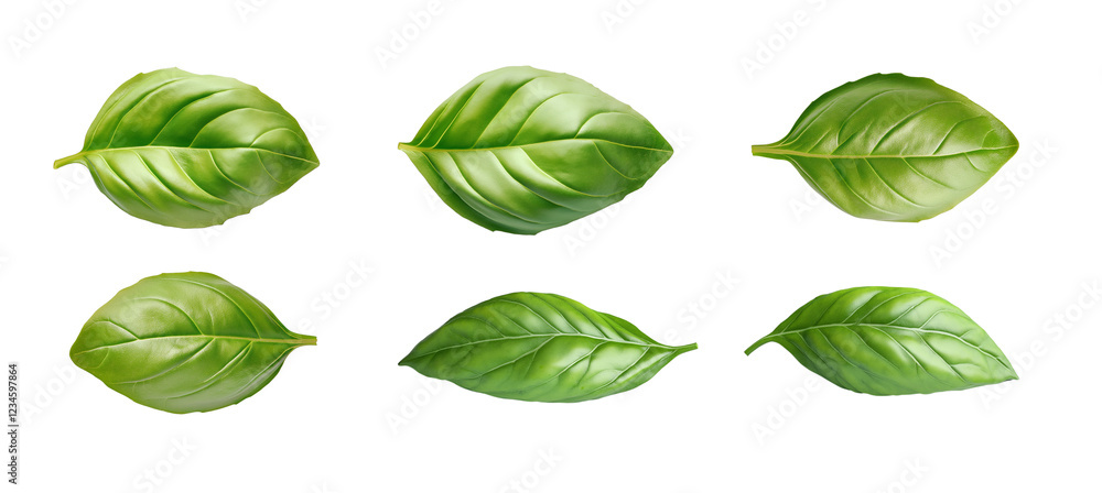 Set of fresh basil leaves on transparent PNG or white background. seasoning herb leaves, cooking spices. Set of fresh basil leaves on transparent PNG or white background. seasoning herb leaves, cooking spices.