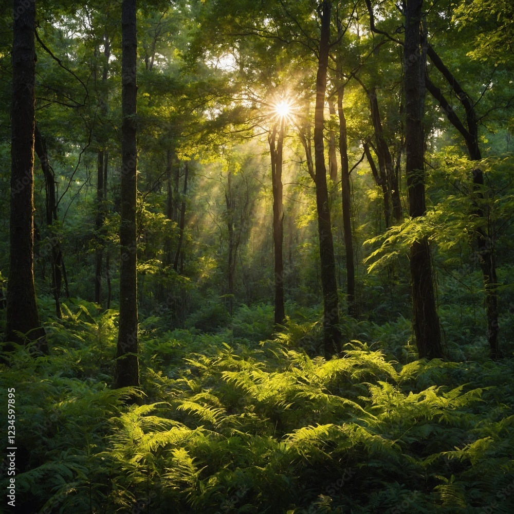 Fototapeta premium A lush green forest with golden sunlight filtering through the trees.