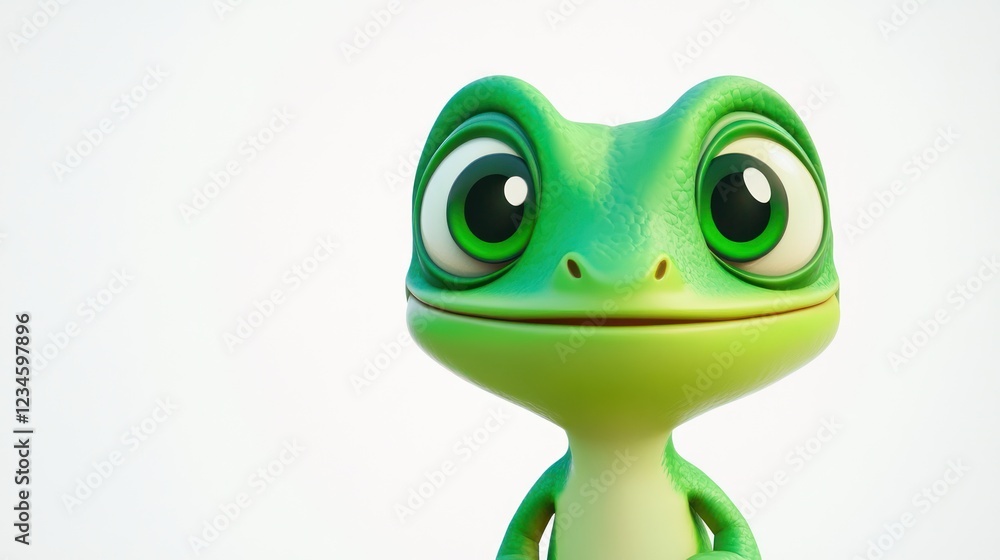 Fototapeta premium Cute cartoon gecko looking up, white background, children's book illustration
