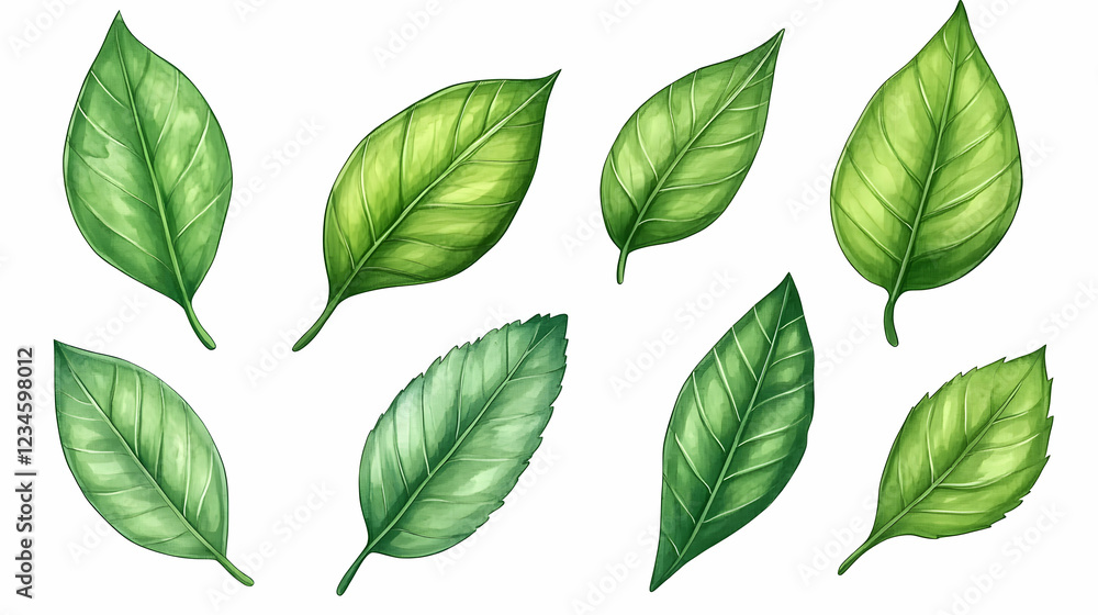 Diverse green leaves collection, isolated on white background, ideal for design projects Diverse green leaves collection, isolated on white background, ideal for design projects