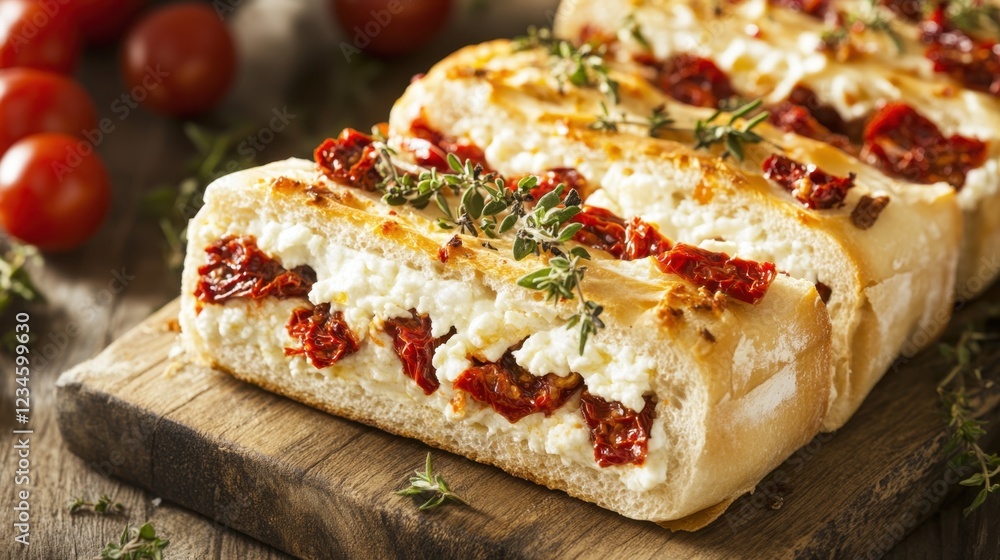 Close-up of a gourmet goat cheese and sun-dried tomato sandwich, garnished with thyme, served on a wooden board. Close-up of a gourmet goat cheese and sun-dried tomato sandwich, garnished with thyme, served on a wooden board.