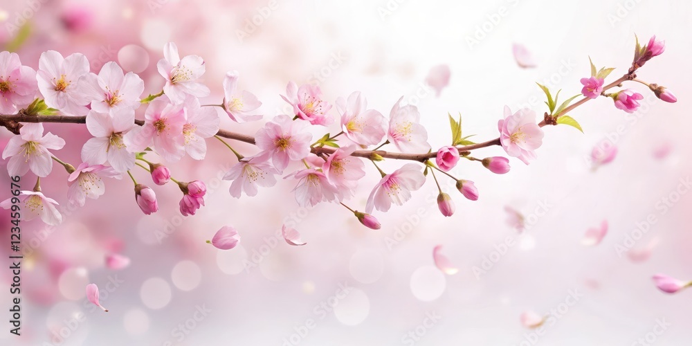 Soft pink sakura petals falling gently from a delicate cherry blossom branch against a soft white background, spring, falling flowers Soft pink sakura petals falling gently from a delicate cherry blossom branch against a soft white background, spring, falling flowers