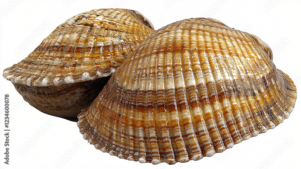 Two Seashells Brown Striped Pattern Close Up on White Background Nature Still Life Detail. Two Seashells Brown Striped Pattern Close Up on White Background Nature Still Life Detail.