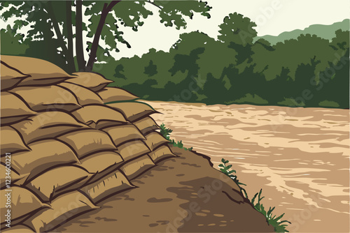 Stacked burlap sandbags, muddy rushing river, flood prevention, lush green forest background, shallow depth of field, earthy tones, environmental crisis, natural disaster preparedness, close-up pho