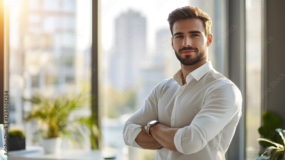 Young business man executive smiling in modern office background. Young business man executive smiling in modern office background.