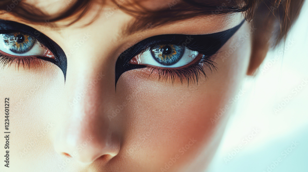 Fototapeta premium Close-up of young woman showcasing vintage 1960s cat-eye makeup with soft grain aesthetic