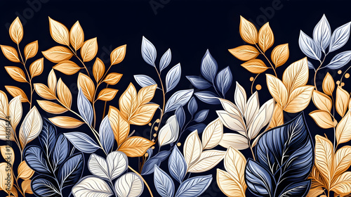 Elegant gold, blue, white leaves border; dark background; nature design; website banner