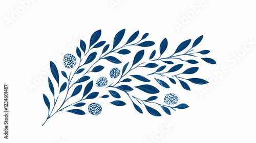 Elegant navy blue floral branch design, isolated on white background, perfect for wedding invitations or website decoration