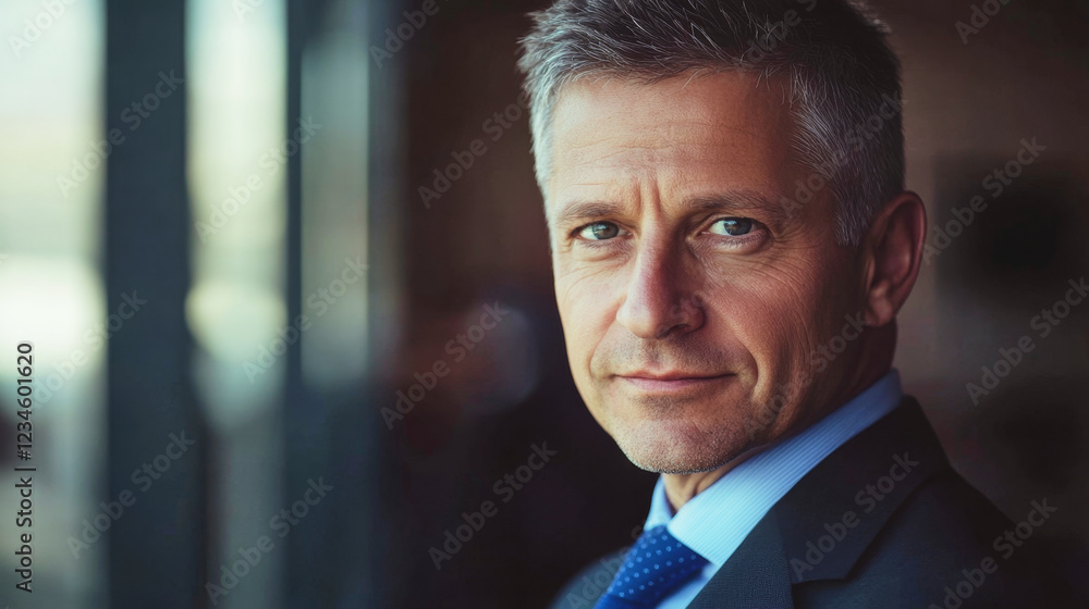 Fototapeta premium Professional businessman exuding confidence in a corporate environment with blurred background