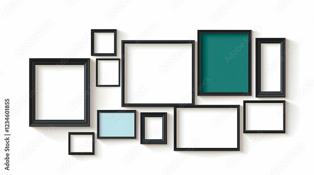 Empty black frames collage, wall arrangement, interior design mockup, white background, for photo gallery or artwork display Empty black frames collage, wall arrangement, interior design mockup, white background, for photo gallery or artwork display