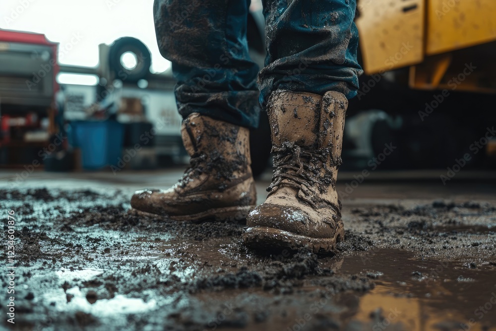 Close-up of a person's muddy work boots stepping through a puddle. Close-up of a person's muddy work boots stepping through a puddle.