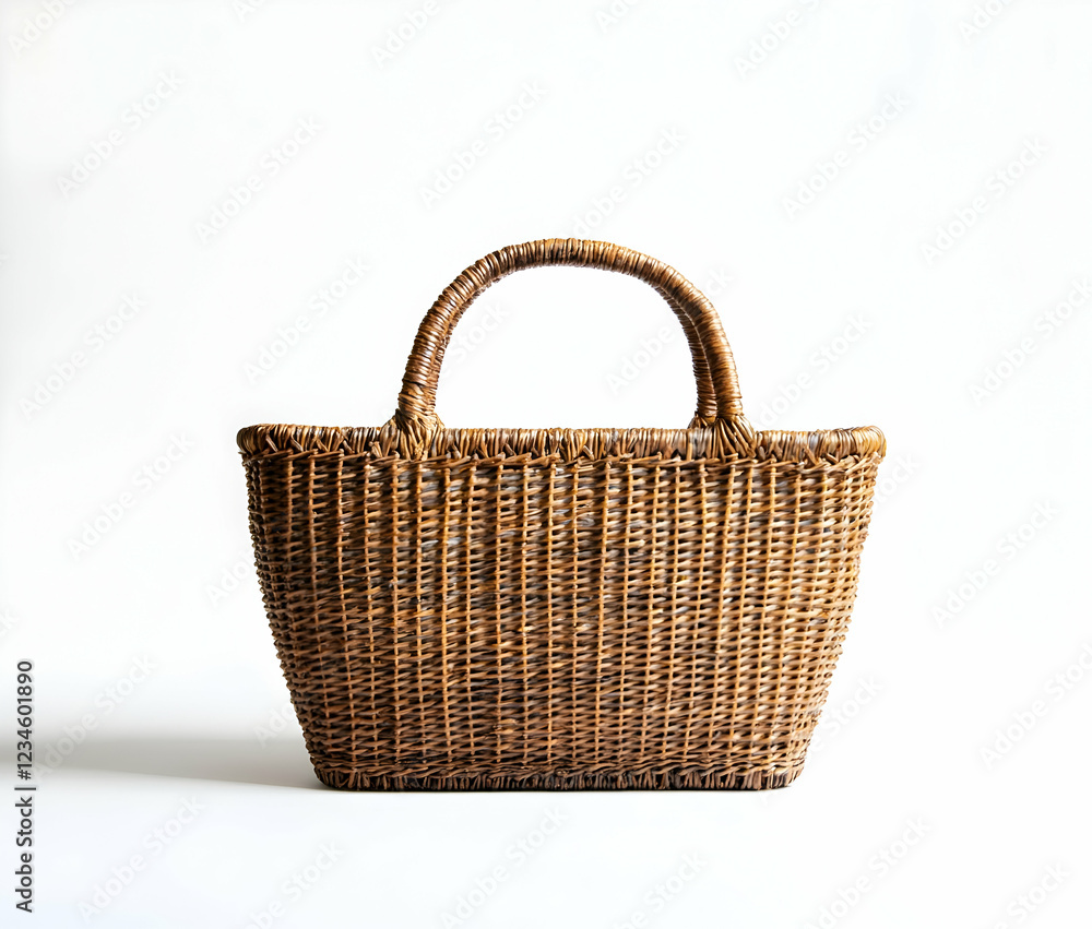 Studio Shot of a Wicker Basket with Handle on White Studio Shot of a Wicker Basket with Handle on White