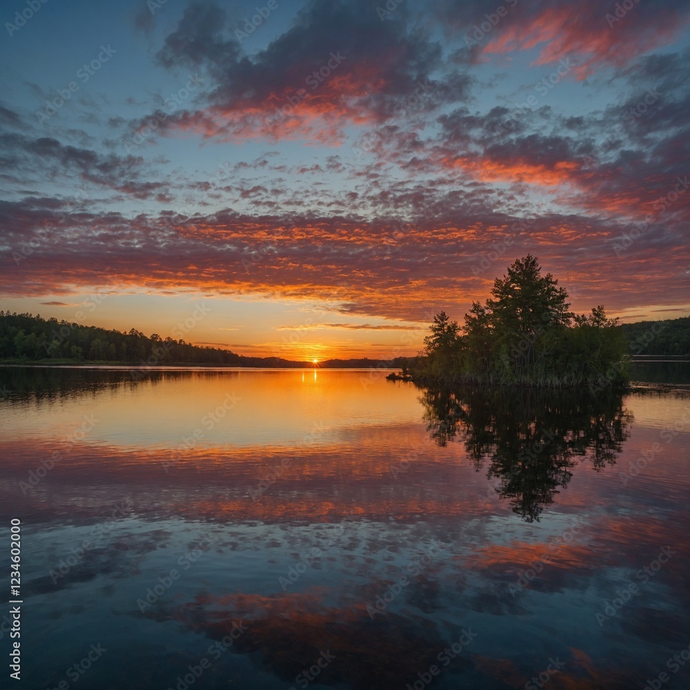A serene lake reflecting the vibrant hues of a sunset, with a crystal-clear sky. A serene lake reflecting the vibrant hues of a sunset, with a crystal-clear sky.