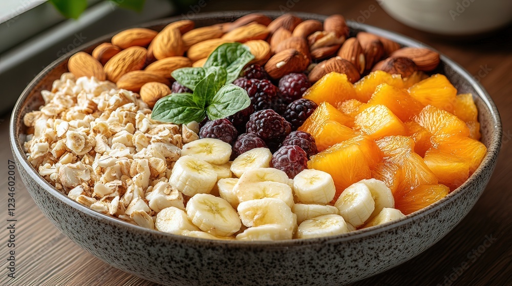 A healthy breakfast bowl with fruit nuts and cereal A healthy breakfast bowl with fruit nuts and cereal