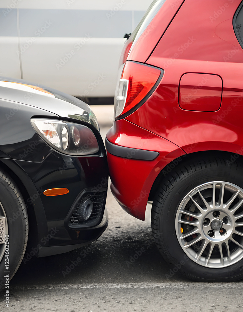 Rear-end car accident involving red and black vehicles in parking lot Rear-end car accident involving red and black vehicles in parking lot