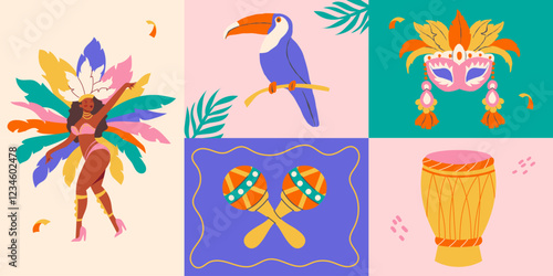 Brazilian carnival horizontal vector banner in flat style. Modern geometric background