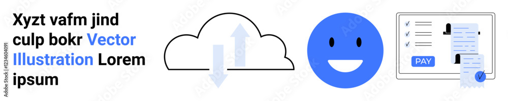 Fototapeta premium Cloud arrow transfer, smiling face for user satisfaction, receipt on device showing online payment. Ideal for tech, finance, e-commerce, user feedback, networking, system updates abstract line flat