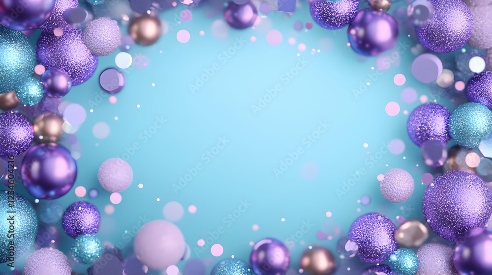 Festive purple and pink baubles frame on light blue background, perfect for holiday greeting cards Festive purple and pink baubles frame on light blue background, perfect for holiday greeting cards