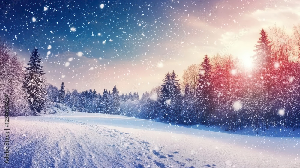 A wonderful winter scene with trees covered in snow and falling snowflakes, creating an enchanting and serene scene A wonderful winter scene with trees covered in snow and falling snowflakes, creating an enchanting and serene scene