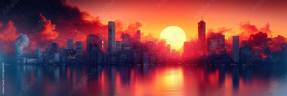 Vibrant sunset over a bustling city skyline reflecting on calm waters Vibrant sunset over a bustling city skyline reflecting on calm waters
