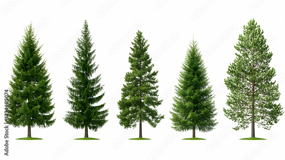 Five evergreen trees on white background, isolated for design use Five evergreen trees on white background, isolated for design use