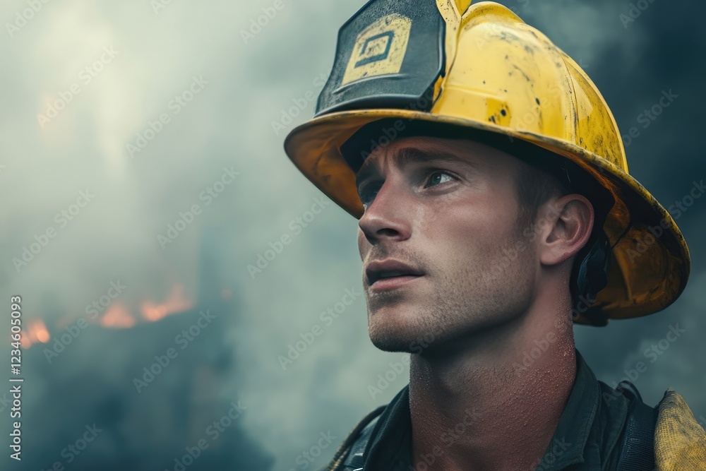 Close-up portrait of a focused firefighter wearing a yellow helmet, amidst a dramatic night fire scene. Close-up portrait of a focused firefighter wearing a yellow helmet, amidst a dramatic night fire scene.
