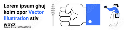 Grain stalk and clenched hand paired with a farmer holding a plant signify agriculture, growth, sustainability, labor, environment-focused industries, and rural development. Ideal for eco-friendly