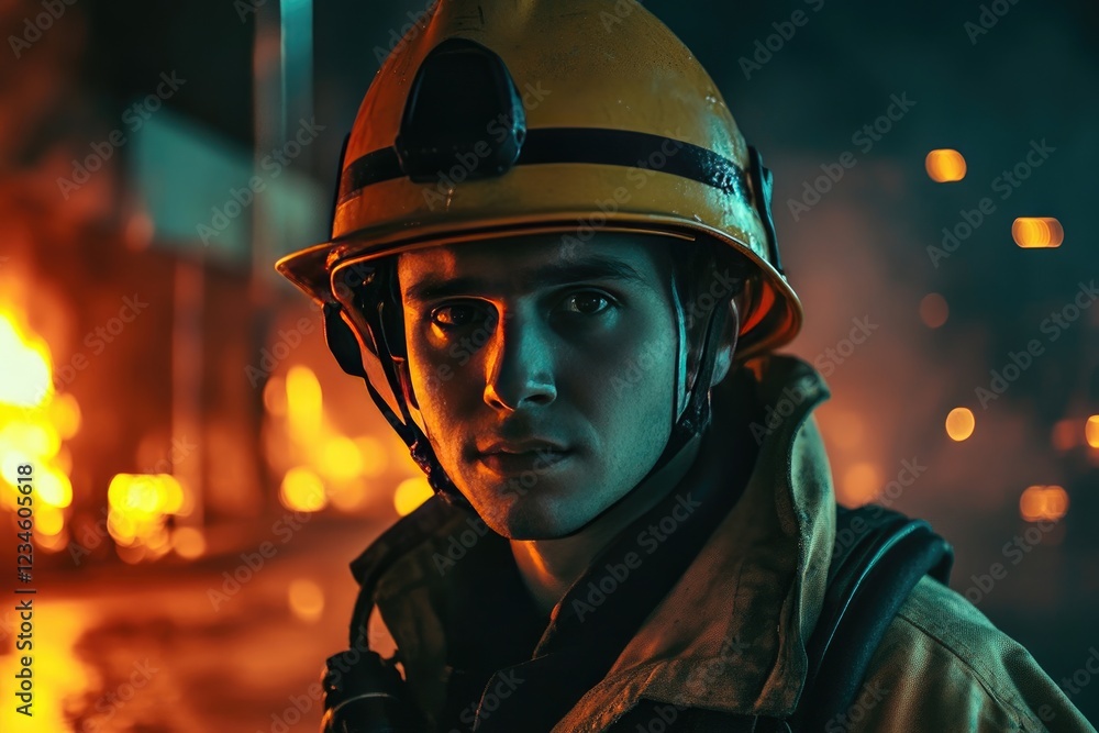 Close-up portrait of a focused firefighter wearing a yellow helmet, amidst a dramatic night fire scene. Close-up portrait of a focused firefighter wearing a yellow helmet, amidst a dramatic night fire scene.
