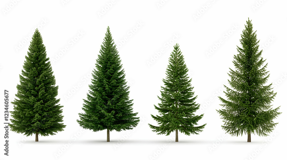 Four evergreen trees, various heights, white background, for design elements Four evergreen trees, various heights, white background, for design elements