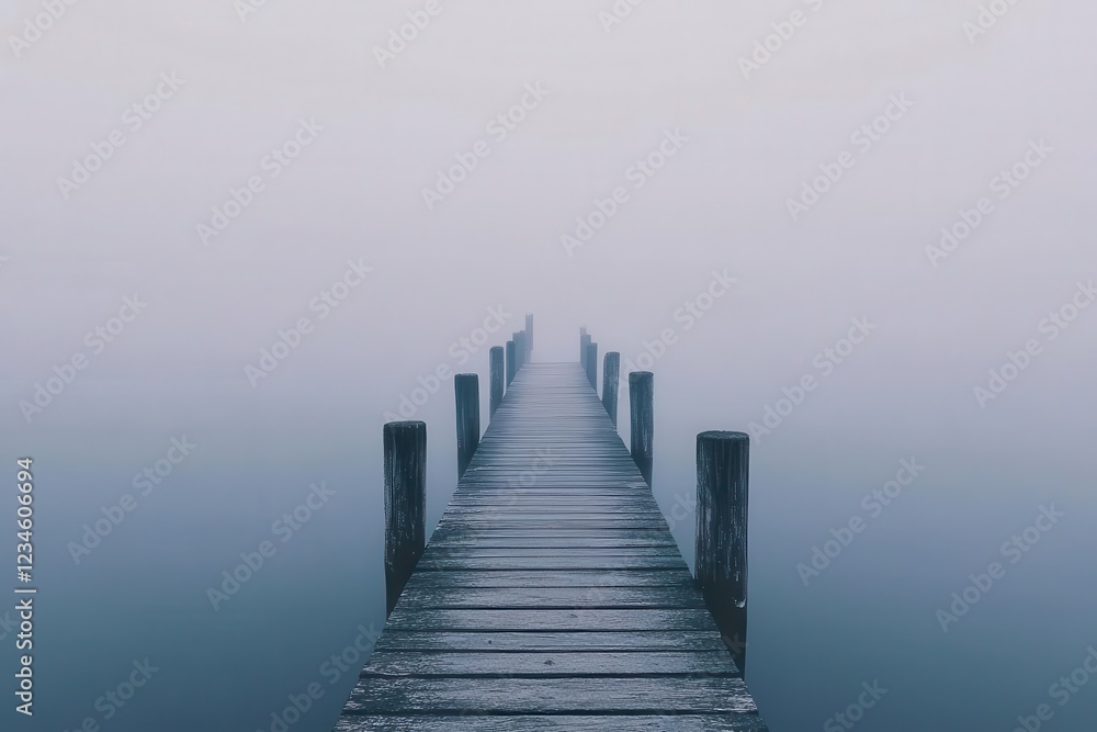 Fototapeta premium ethereal minimalist seascape at dawn, featuring weathered pier posts reflected in perfectly still water, monochromatic tones, misty atmosphere