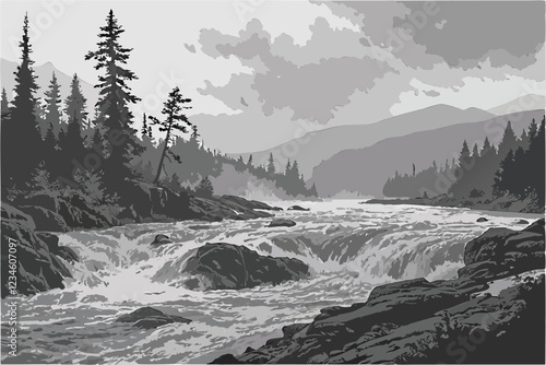 Raging river, turbulent muddy waters, wild rapids, forest landscape, misty mountains, evergreen trees, cloudy sky, dramatic nature scene, erosion, wilderness, powerful current, rocky riverbanks, at