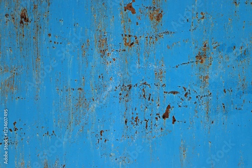 Background, texture metal surface covered with blue paint with rust showing through