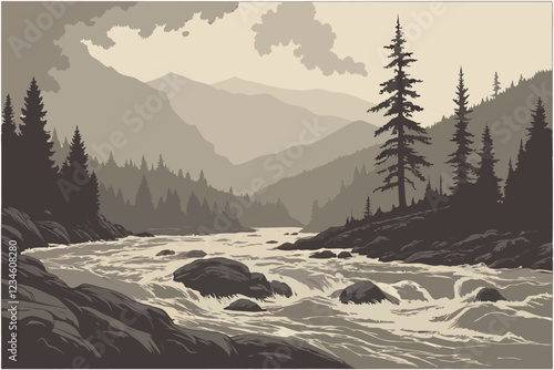 Raging river, turbulent muddy waters, wild rapids, forest landscape, misty mountains, evergreen trees, cloudy sky, dramatic nature scene, erosion, wilderness, powerful current, rocky riverbanks, at