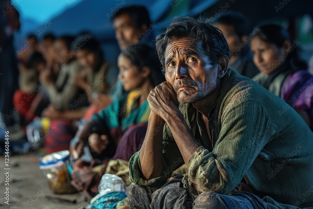 Obraz premium People sitting in exhaustion and hunger in a dimly lit setting at dusk
