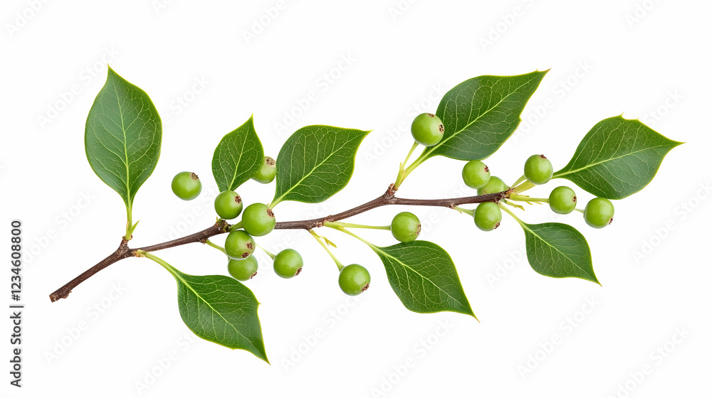 Green berries and leaves branch isolated on white background, perfect for nature design Green berries and leaves branch isolated on white background, perfect for nature design