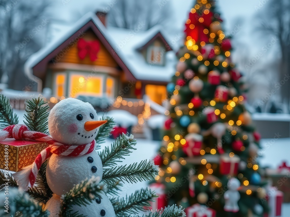 Obraz premium Snowman on a snowy adorned with a festive Christmas red scarf and hat stands in a snowy winter scene, 