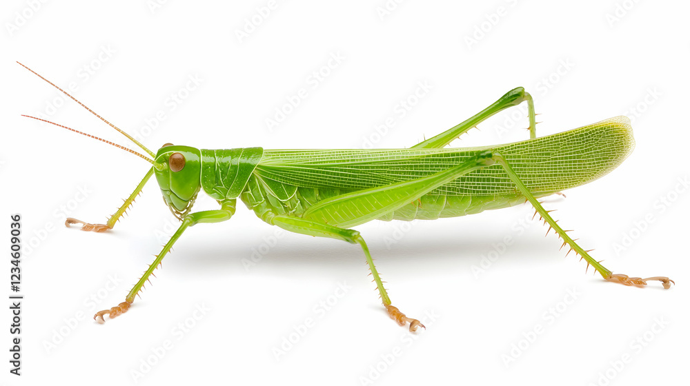 Green grasshopper side profile on white background, insect illustration for nature documentaries