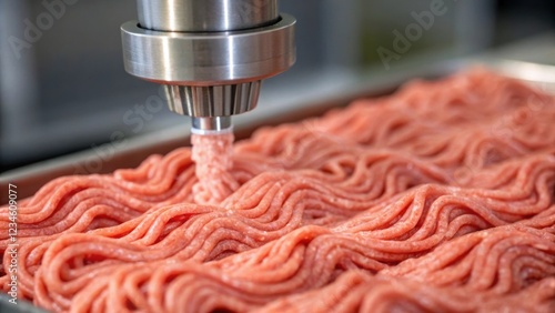 Industrial food printing machine extruding ground meat creating a wavy pattern, showcasing innovative food production technology for customized meat products photo