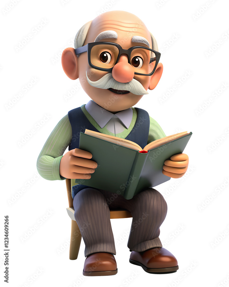 3d cartoon old man in glasses reading a book on the white background 3d cartoon old man in glasses reading a book on the white background