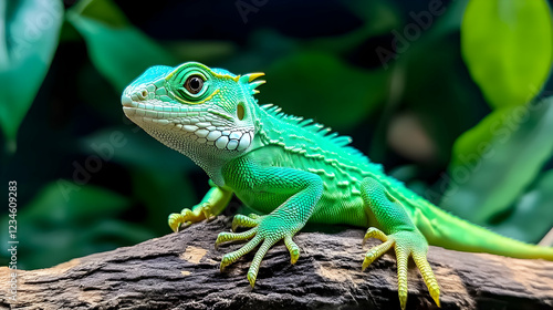 Wallpaper Mural Green lizard perched on wood, lush foliage background; exotic pet, nature photography Torontodigital.ca