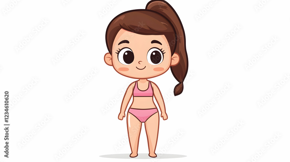 Happy girl in pink swimsuit, summer cartoon illustration, white background, kids fashion Happy girl in pink swimsuit, summer cartoon illustration, white background, kids fashion