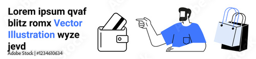 Man pointing at wallet, shopping bags dummy text on the left. Ideal for e-commerce, mobile payment, finance apps, online marketplaces, retail promotions, digital wallets consumer behavior. Landing