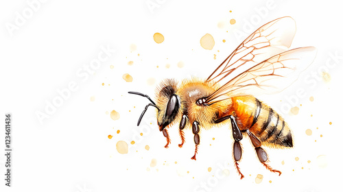 Honeybee in flight, watercolor style, white background, nature illustration, ideal for educational material